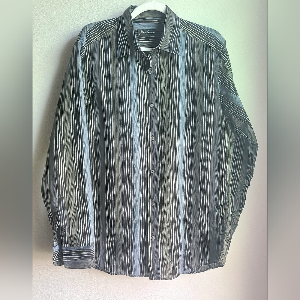 Jhane Barnes - Men's Blue Brown LS Button Up Dress Shirt, Sz Medium